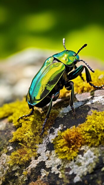 Photo a beetle on a log with moss on the top