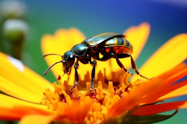 黄色い花の上に座っている甲虫