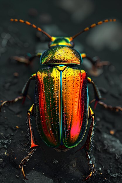 A beetle with bright colors sits up on a leaf