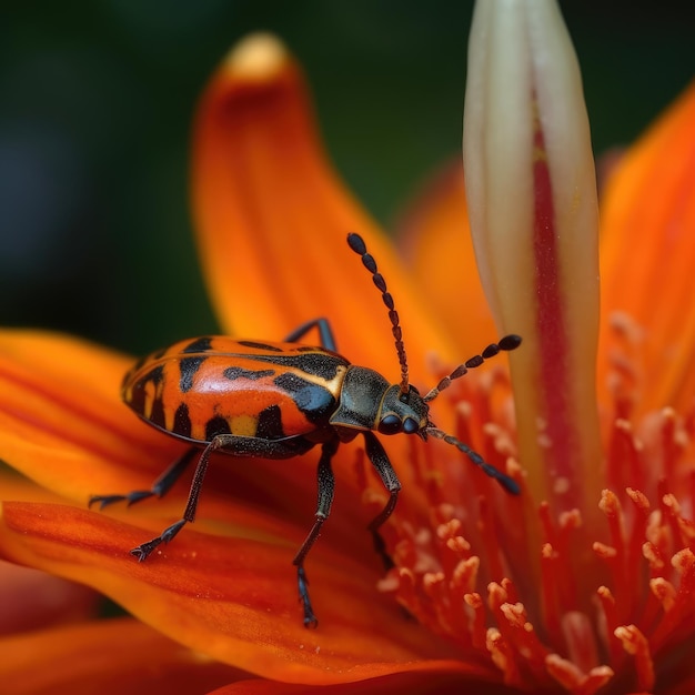 Beetle in wonderful exotic orange flower macro generative ai