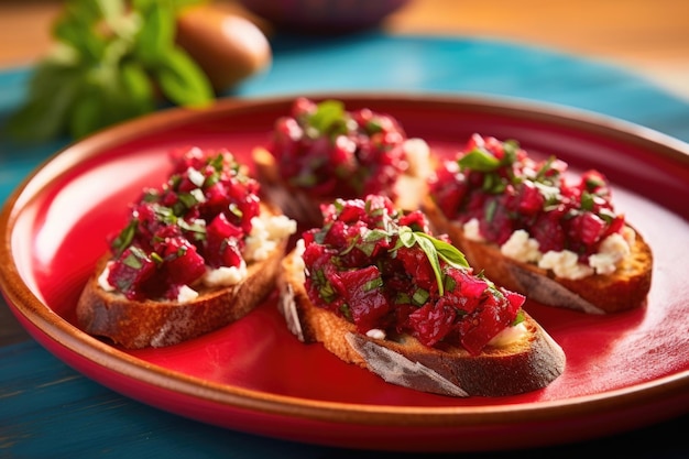 Beetroot bruschetta on a red ceramic plate