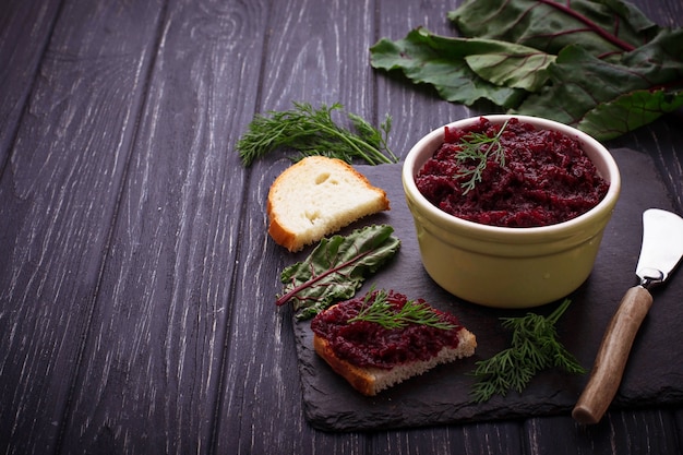 Beetroot caviar and toast. Selective focus