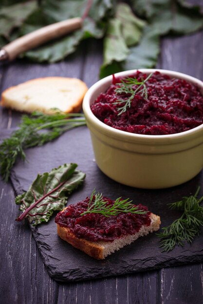 Beetroot caviar and toast. Selective focus