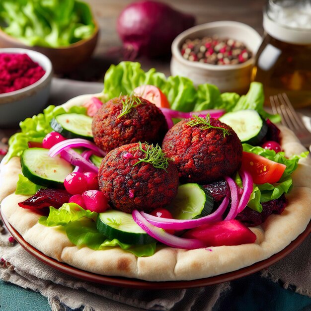 Beetroot falafel served with salad in a pita