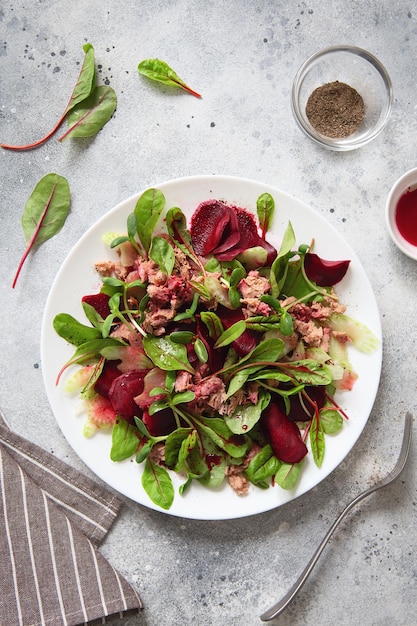 Beetroot red chard and canned tuna salad