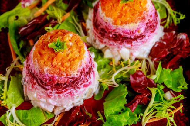 Beetroot salad with herring and vegetables