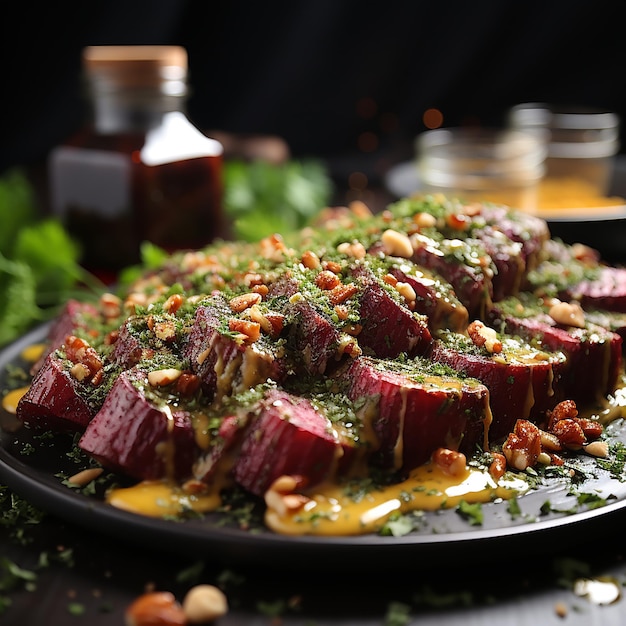 Photo beetroot salad with pesto sauce