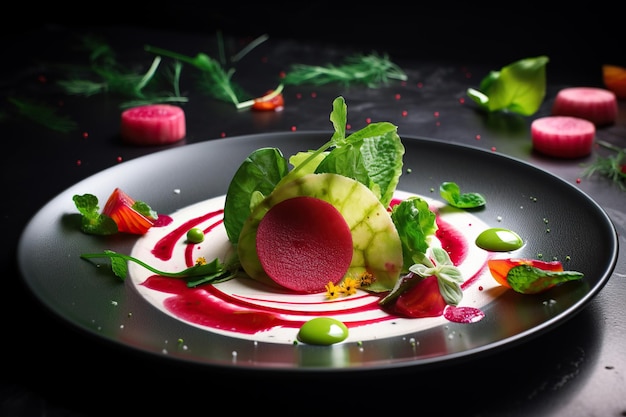 Beetroot salad with radish and green peas on black background