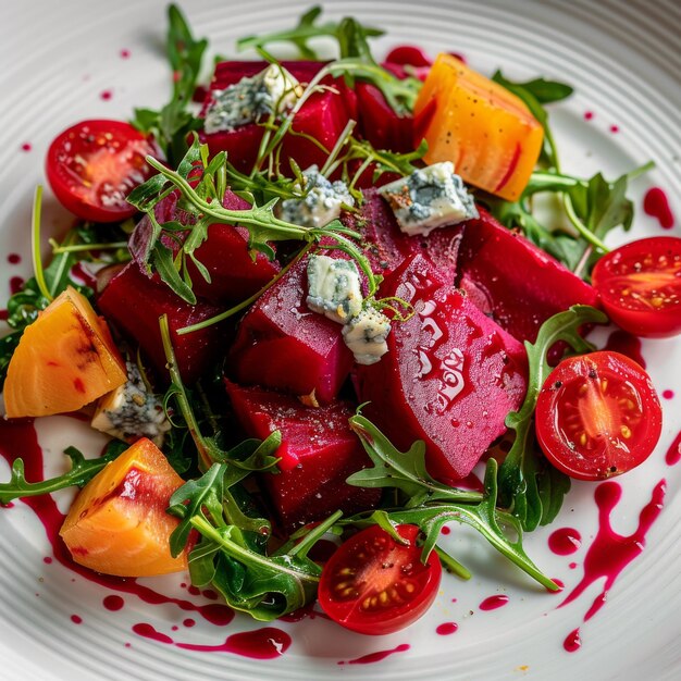 Photo beetroot salad with rucola gorgonzola cheese veggie salat bowl on white restaurant plate