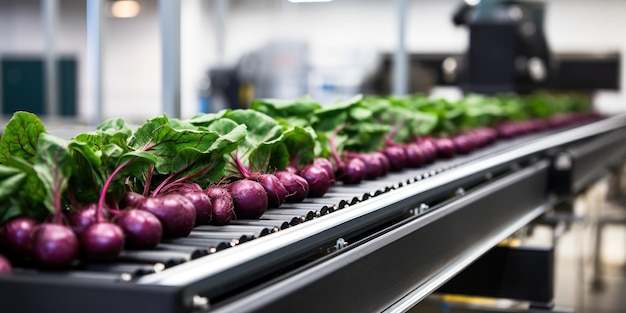 Photo beetroot on a selection conveyor belt copy space