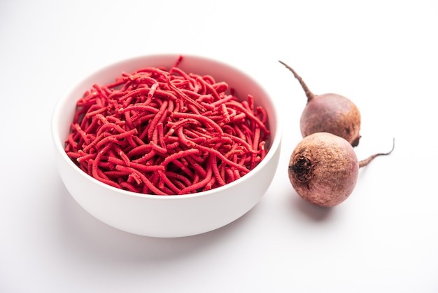 Beetroot sev or fried noodles is a colourful and healthy namkeen recipe from India