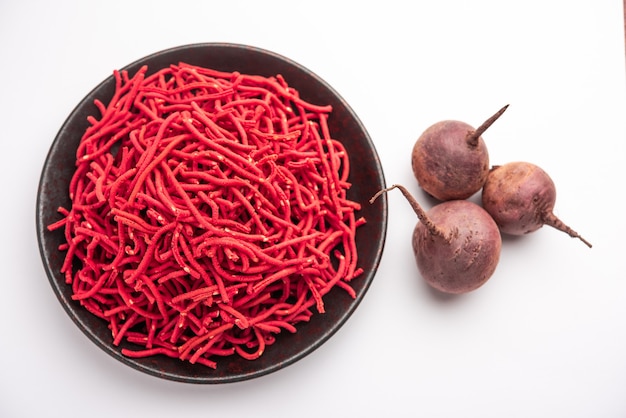 Beetroot sev or fried noodles is a colourful and healthy namkeen recipe from India