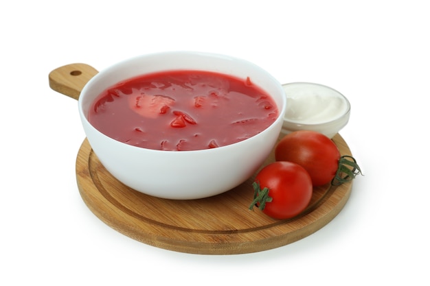 Beetroot soup and ingredients isolated on white