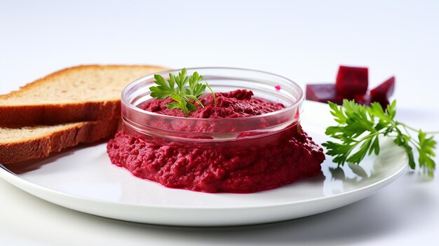 Photo beetroot spread with bread on a dish