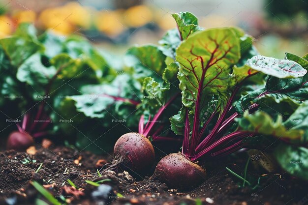 庭のベジタリアン野菜の緑の葉を持つビートルート