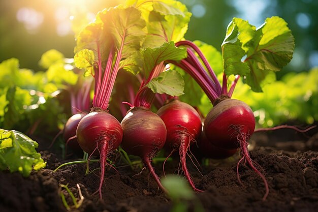 beetroots grow in the vegetable garden in sunny day Harvest