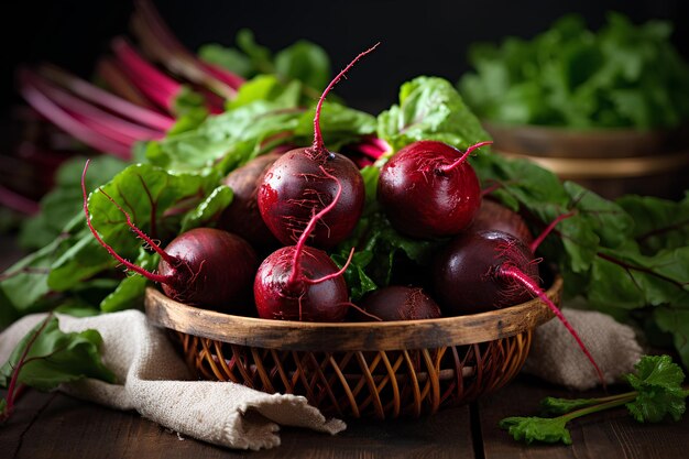 Beets are in a woven basket on top of a table