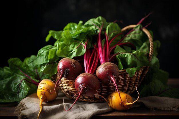 Beets in basket with leaves and greens on the table