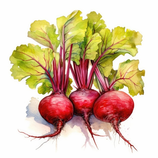Beets in watercolor style with ink outline on white background generative AI