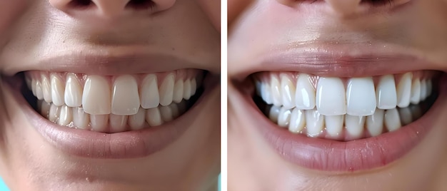 Foto foto prima e dopo il trattamento di sbiancamento dei denti di una donna che mostra un significativo miglioramento della luminosità e dell'aspetto concept dental whitening results before and after photos