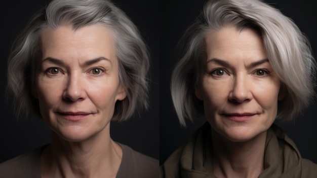 Before and after portrait of mature woman retouched