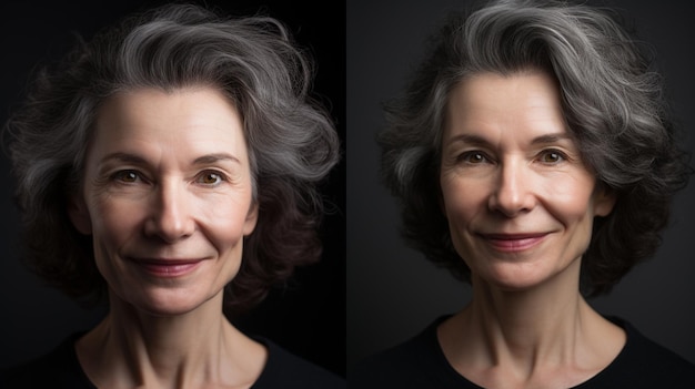 Before and after portrait of mature woman retouched