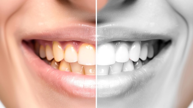 Photo before and after teeth bleaching or whitening treatment closeup of young caucasian females smile