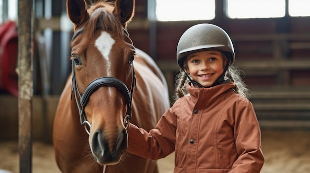 Prima di pedalare una bambina indossa un casco e una giacca protettiva ai generativa