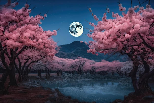 Before dawn a full moon and cherry blossoms illuminate the night sky