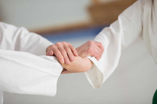 Prima di iniziare a combattere. il ragazzo e il suo insegnante di aikido professionista si stringono la mano prima di iniziare a combattere