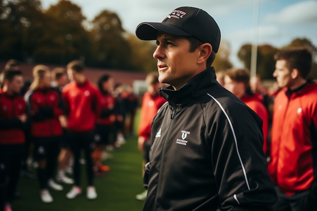 Foto begeleiden en instrueren van een sportteam als coach generatieve ai