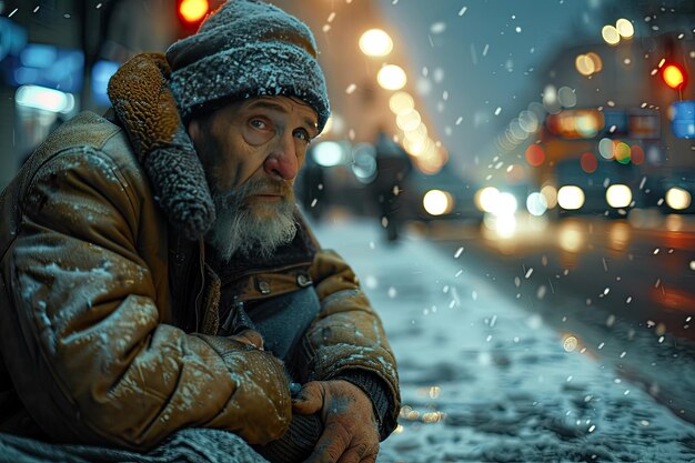 A beggar begs from passing cars