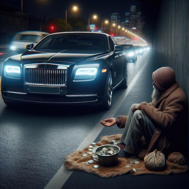 Photo a beggar begs while sitting on the side of the road