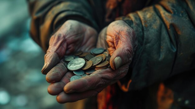 A beggar holding coins with dirty hands in street Generative AI