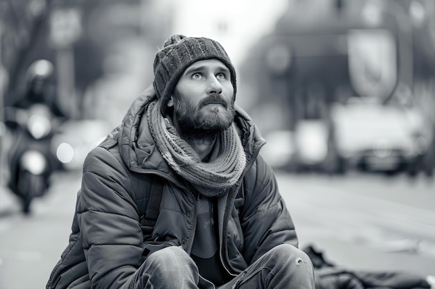 A beggar man begging looking up