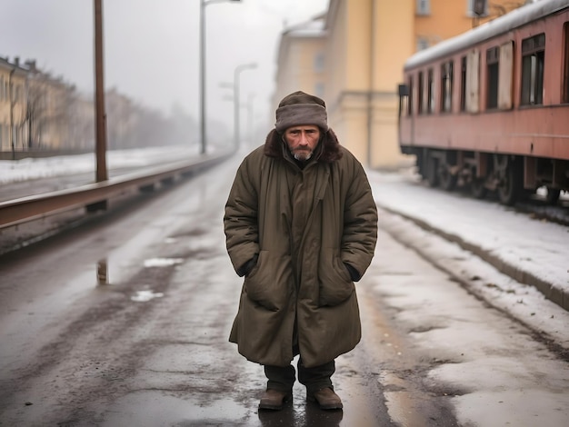 Photo a beggar in russia is standing on the side of the road begging