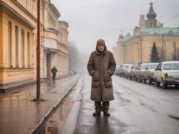 A beggar in Russia is standing on the side of the road begging