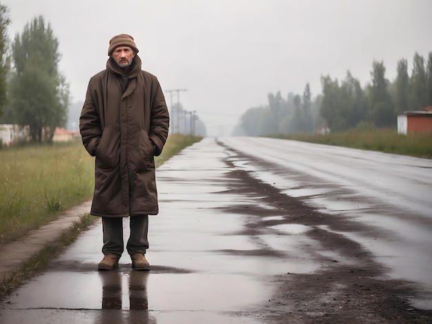 A beggar in Russia is standing on the side of the road begging