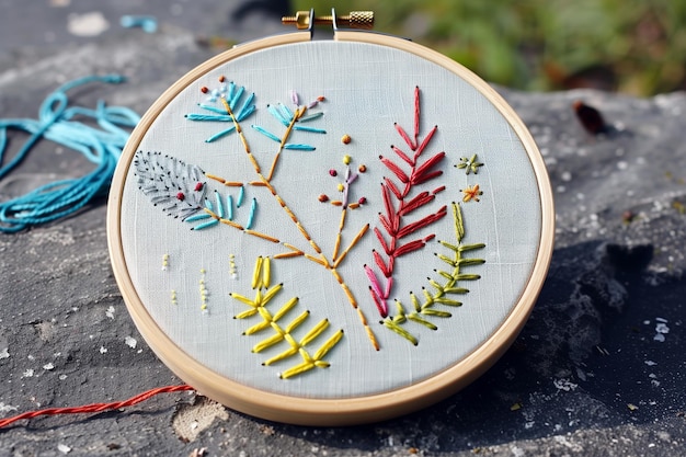 Photo beginners embroidery hoop with simple stitches on canvas