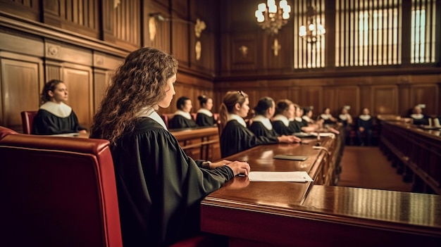 Foto inizio di un'udienza civile in un tribunale con una giudice donna che presiede la mozione per respingere una condanna in corso l'imputato non è né colpevole né condannato generate ai