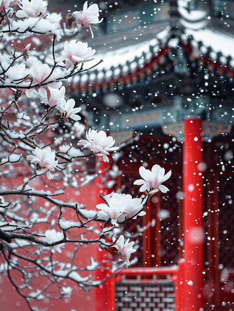 Photo beginning of winter solar term scene illustration winter red wall plum blossom scenery snow