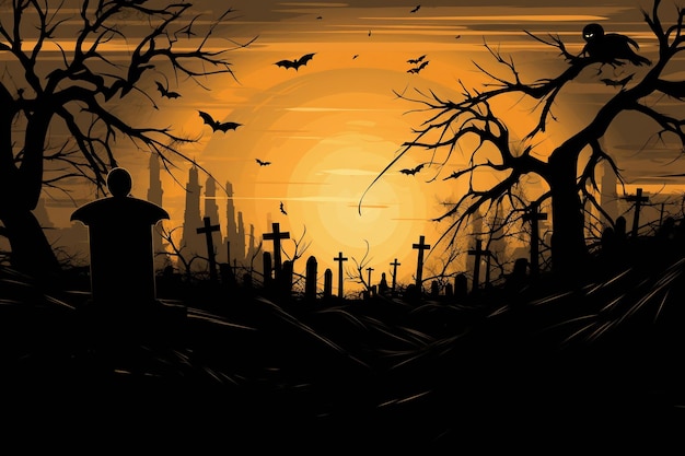 Foto begraafplaats silhouet voor halloween bij zonsopgang