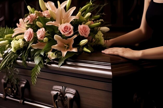 Begrafenis gebaar vrouwelijke handen Plaatsen van een boeket bloemen op de kist deksel Rouwconcept