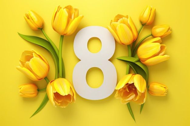 Begroeting voor Internationale Vrouwendag op 8 maart Takken van mimosa en nummer acht
