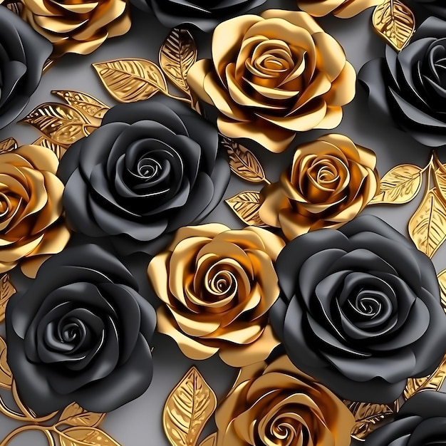 Behang 3d classic Rose naadloos patroon goud en zwart