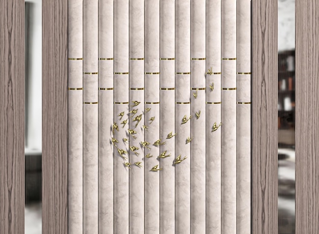 behang 3d klassiek houten paneel met een dessin van bladeren en bloemen erop