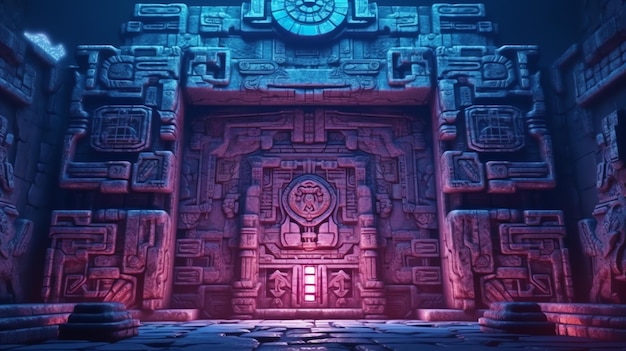 behang en achtergrond azteekse maya stenen poort neonlicht ontwerp