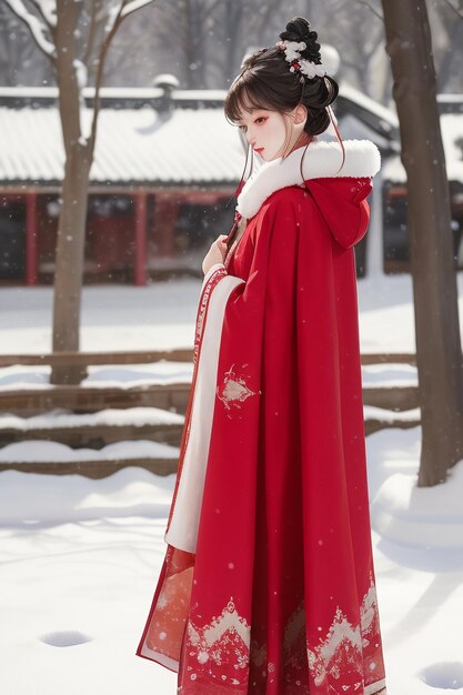 Foto behang klassieke chinese schoonheid die hanfu cheongsam-jasje draagt in de koude winter en sneeuwt