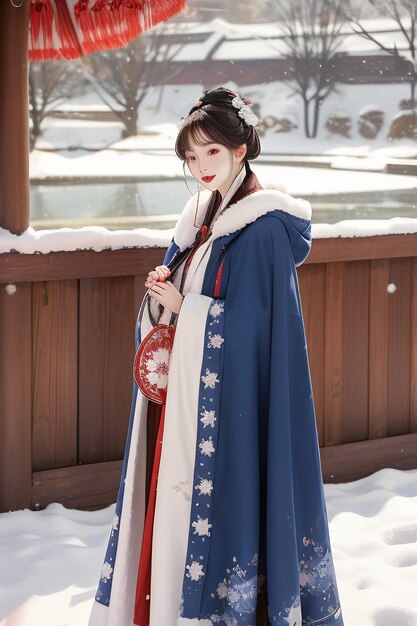 Foto behang klassieke chinese schoonheid die hanfu cheongsam-jasje draagt in de koude winter en sneeuwt