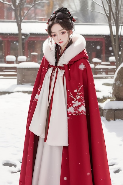 Behang Klassieke Chinese schoonheid die Hanfu cheongsam-jasje draagt in de koude winter en sneeuwt